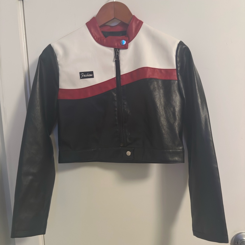 Women's Black, White, and Red Jacket Vegan Leather